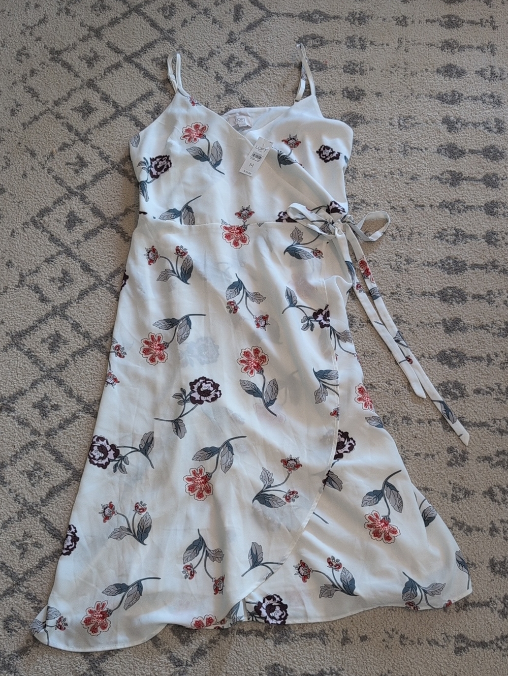 Floral Wrap Midi Dress in White with Pink & Burgundy Flowers